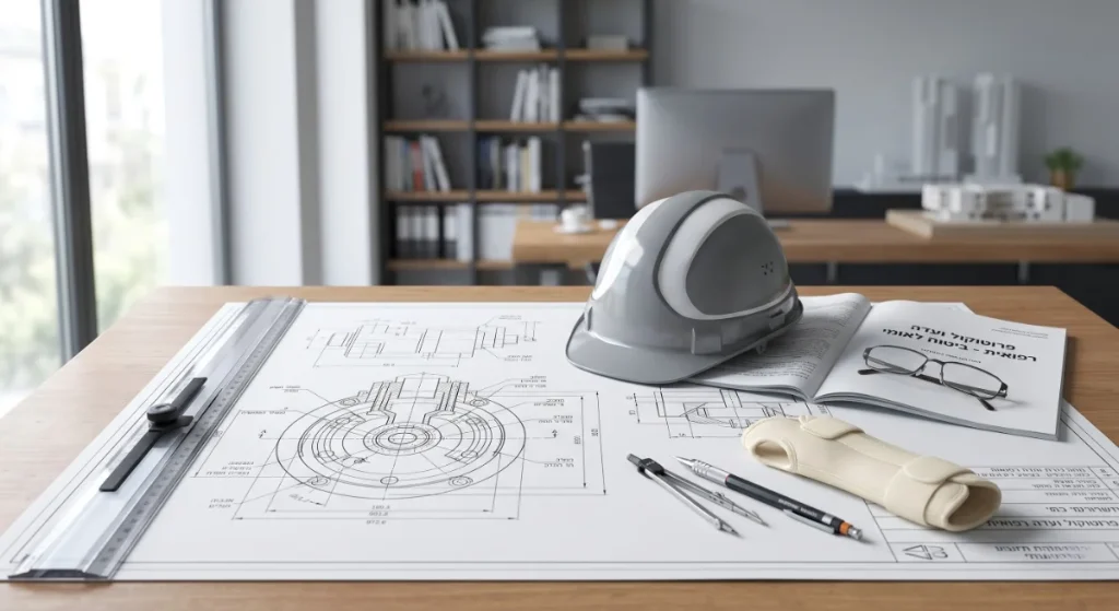 קסדה על שרטוטים בענף הבנייה